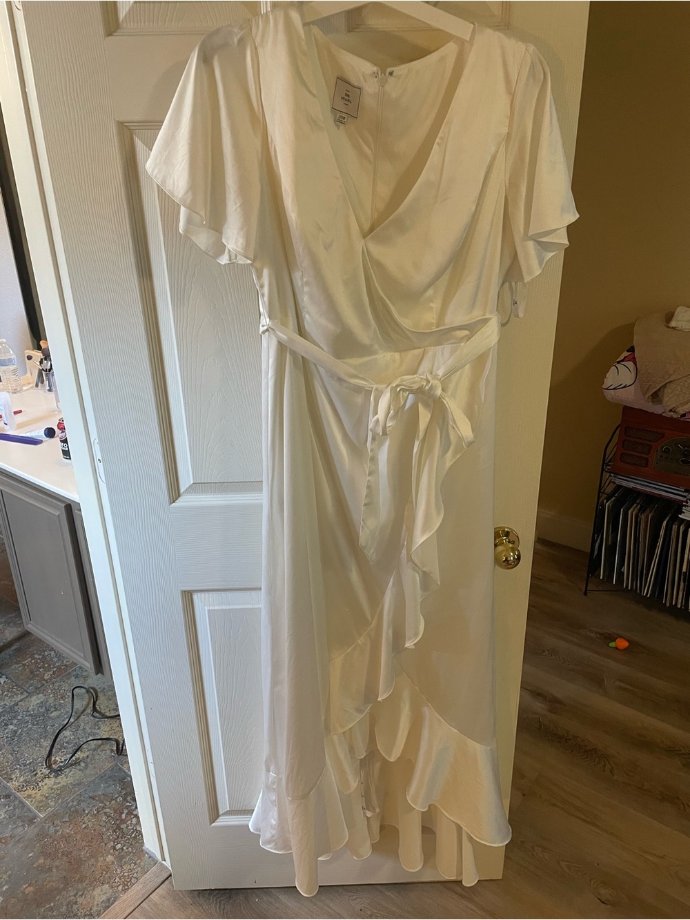 David’s bridal White Satin Wrap Dress with Ruffle Hem - Picture 2 of 6